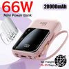Mini batería externa portátil de 20000 mAh con carga rápida de 66 W para teléfonos iPhone, Huawei y Xiaomi.