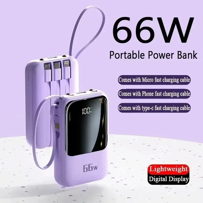 Mini batería externa portátil de 20000 mAh con carga rápida de 66 W para teléfonos iPhone, Huawei y Xiaomi.